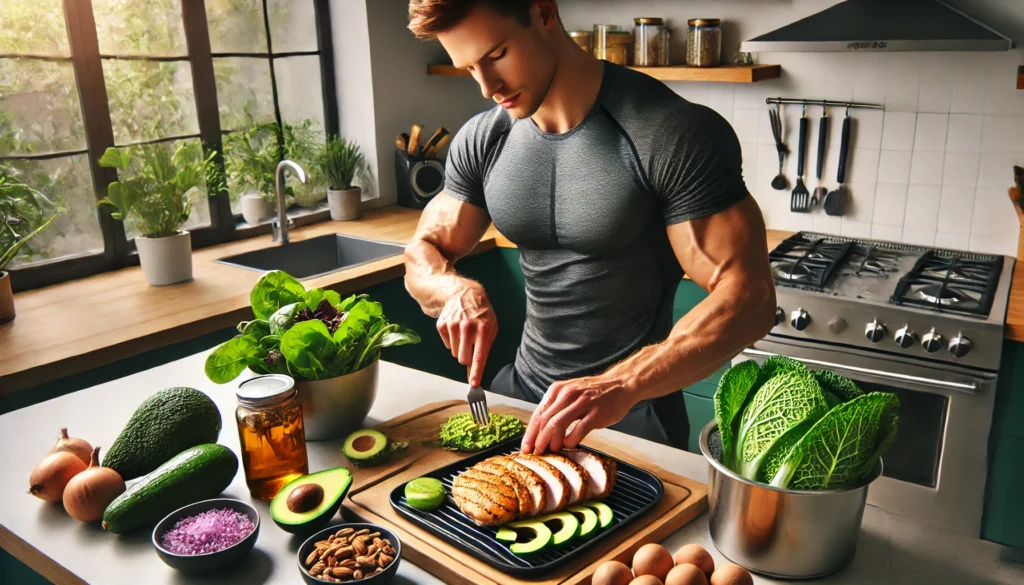 A beautifully plated low-carb meal for athletes, featuring salmon, asparagus, and a boiled egg, arranged with fresh herbs and a drizzle of olive oil, emphasizing high-protein and healthy fats.
