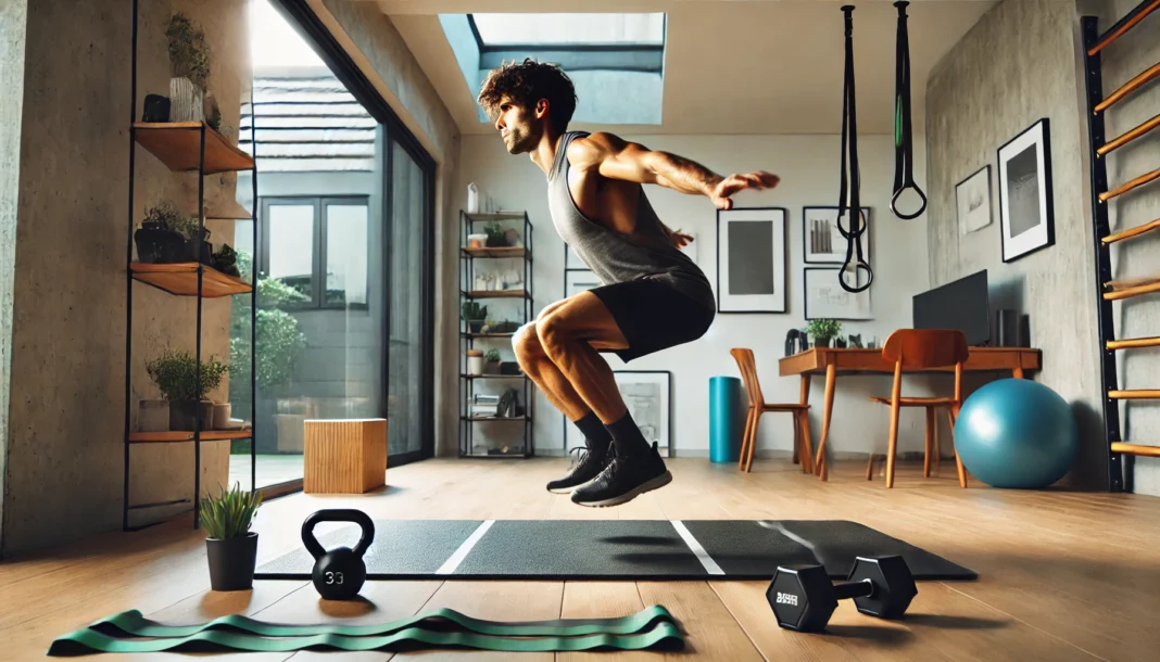 A person performing a squat jump in a modern home gym, showcasing intensity and focus. The minimalistic setup includes a yoga mat and resistance bands, creating an inspiring workout atmosphere.