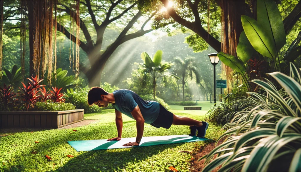 A person executing push-ups on a yoga mat in a vibrant park setting with lush greenery and sunlight filtering through the trees, emphasizing a fresh and invigorating fitness environment.