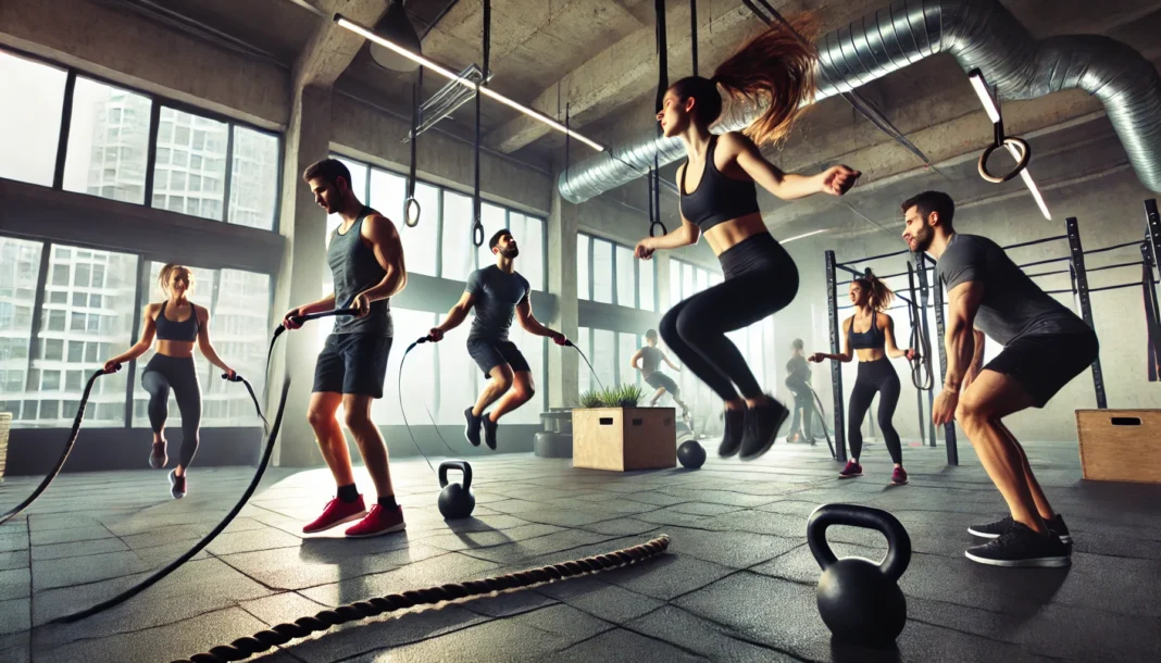 A group of individuals performing a circuit workout in a modern gym. One person is jumping rope, another is swinging a kettlebell, and a third is using battle ropes, creating an energetic and motivational fitness environment.