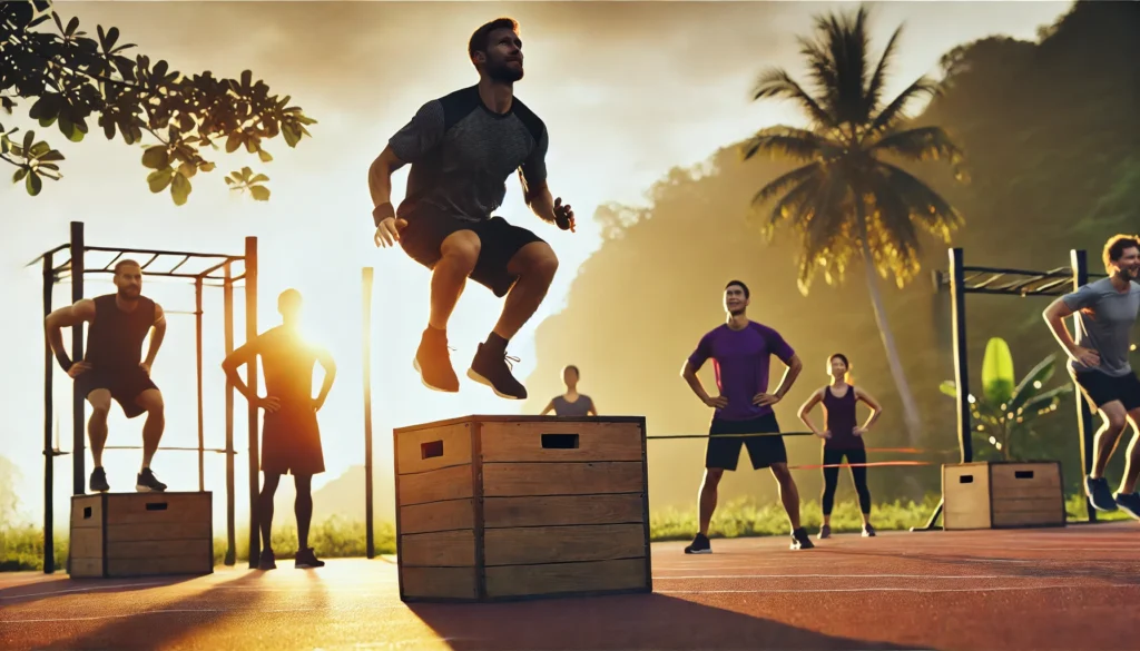 An athlete performing box jumps on a sturdy wooden plyometric box in an outdoor workout session. Others in the background engage in sprint drills and resistance band exercises, with fresh air and natural light enhancing the atmosphere.