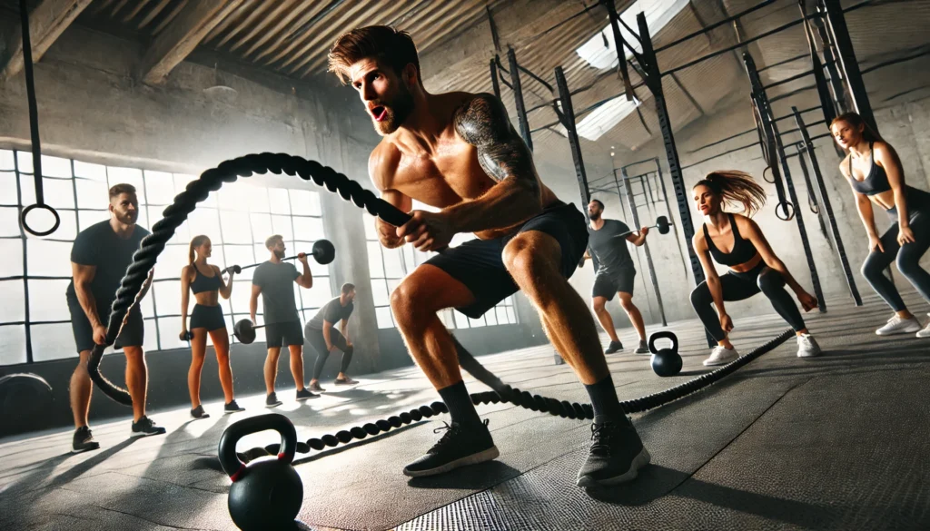 A focused athlete performing intense battle rope slams in an industrial-style gym. Other participants in the background execute kettlebell swings and jumping lunges, adding to the high-energy workout setting.