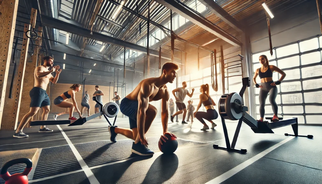 Multiple individuals engaged in a fast-paced circuit workout, including burpees, rowing, and medicine ball slams, in a spacious gym with bright lighting and an industrial-style interior.