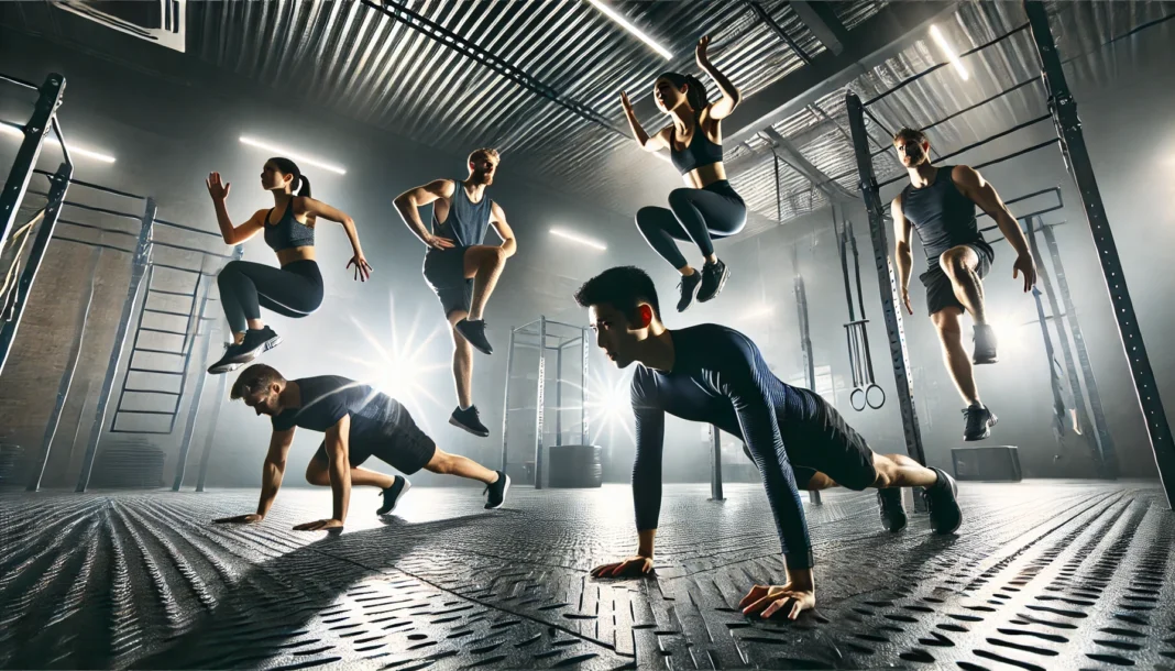 A high-energy gym scene featuring six individuals performing bodyweight circuit training exercises, including push-ups, squats, mountain climbers, and burpees, with modern fitness equipment in the background.