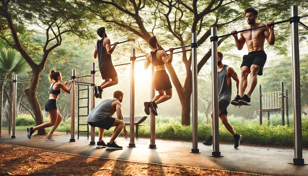 A vibrant outdoor workout session with athletes performing bodyweight exercises such as pull-ups, lunges, jumping squats, and push-ups in a park setting with lush greenery and sunrise lighting.