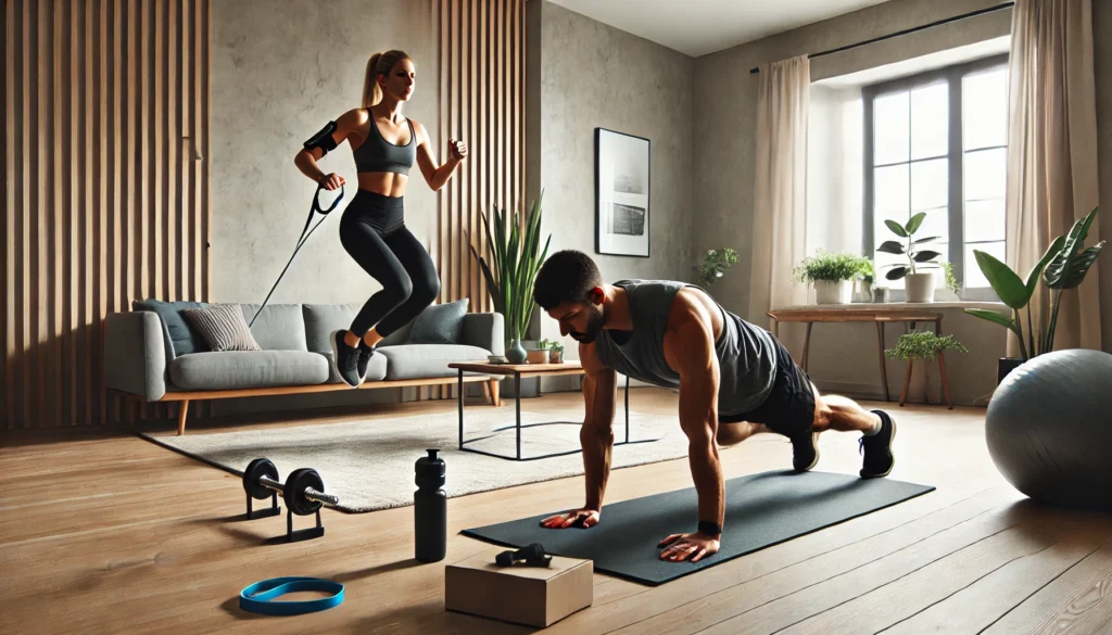 A minimalist living room workout scene where two individuals engage in high-intensity bodyweight circuit training, performing plank variations and jump squats, with a yoga mat, resistance bands, and natural lighting.