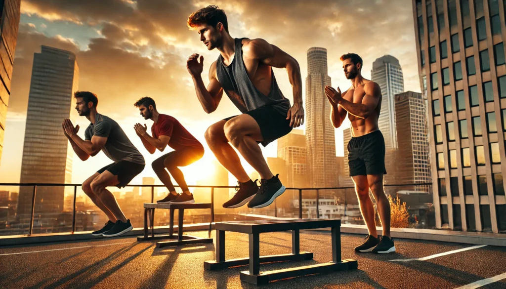 An intense rooftop workout session at sunset, where a group of fit individuals perform bodyweight circuit exercises such as jump squats, plank holds, triceps dips, and high knees, with a stunning city skyline in the background.