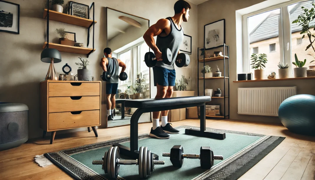 A beginner performing a dumbbell bench press in a well-lit home gym, featuring a workout bench, dumbbells, and a mirror reflecting the training area, creating an inviting and motivating environment.