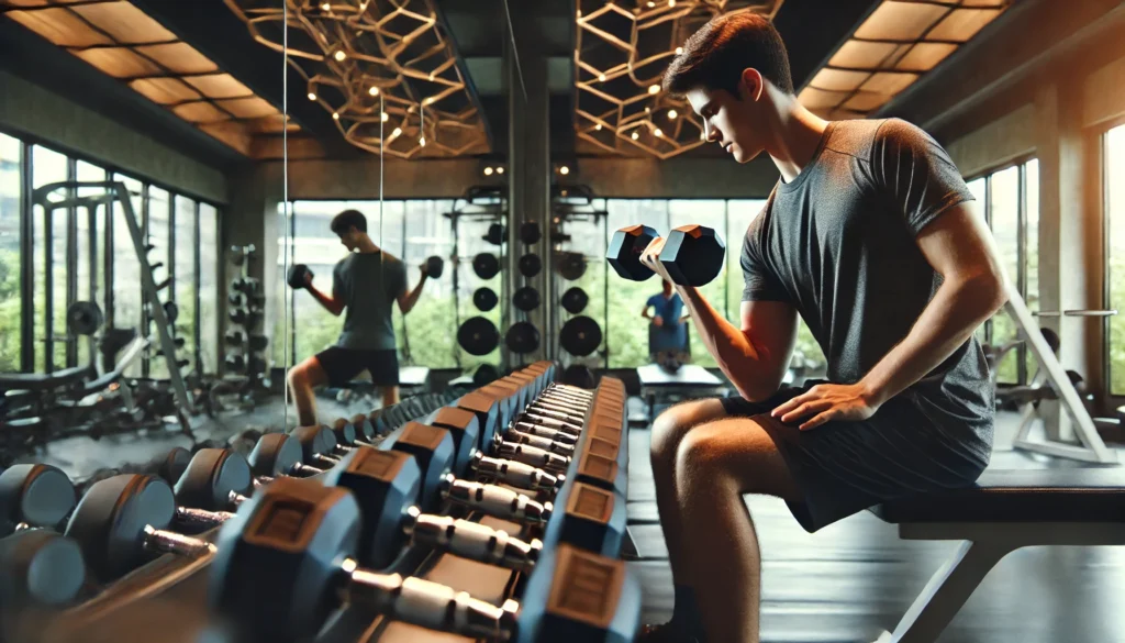 A gym setting where a beginner is executing a bicep curl with dumbbells, focusing on controlled movements. The environment includes neatly arranged weights, a workout bench, and a large mirror, providing a supportive workout space.