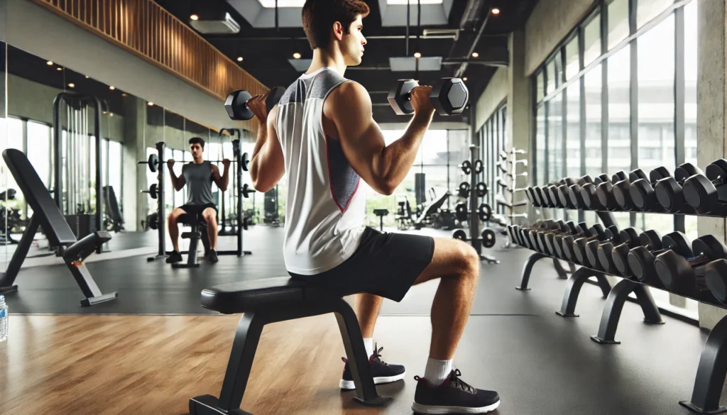 A person performing a seated dumbbell shoulder press in a bright and organized gym. The background includes mirrors and a variety of weights, making it an ideal place for beginners to develop muscle strength.