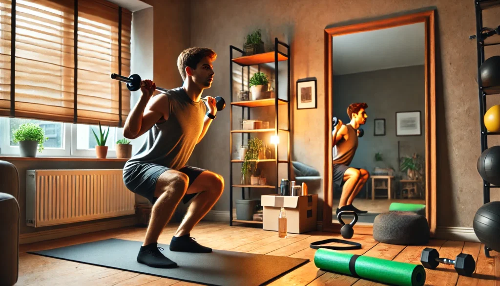 A beginner performing bodyweight squats in a cozy and well-organized home gym. The setting includes a yoga mat, resistance bands, and a mirror reflecting the exercise, with warm lighting creating a comfortable workout space.