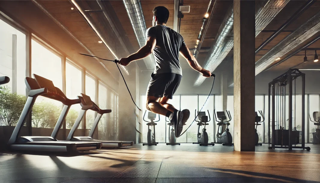 A person performing high-intensity jump rope exercises in a modern gym, mid-air with a dynamic motion. The background features a spacious workout area with treadmills and stationary bikes, creating an energetic and motivating atmosphere.