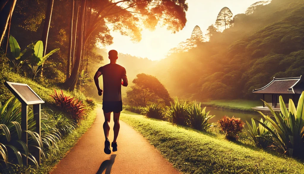 A fit individual jogging on a scenic trail at sunrise, surrounded by lush greenery and a clear sky. The warm morning light enhances the refreshing and invigorating workout setting.