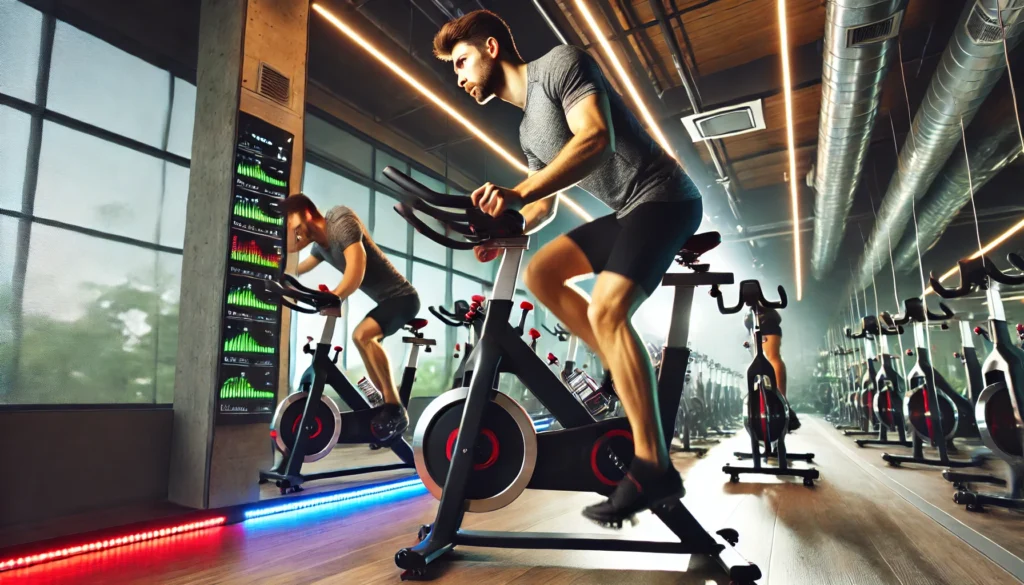 A person intensely pedaling on a stationary bike in a gym with multiple cycling machines and bright LED lighting. A large mirror reflects the effort, creating a high-energy training environment.