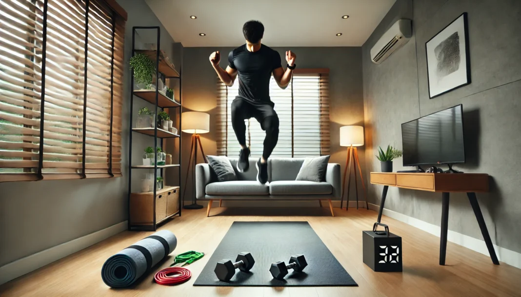 A person performing an intense jumping jack workout in a well-lit home gym. The background features a yoga mat, resistance bands, and small dumbbells, creating a comfortable and effective exercise environment.