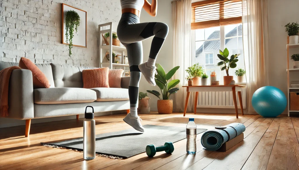 A person performing high-knees in a bright and airy living room. The space includes a yoga mat, a water bottle, and a small set of dumbbells, providing an inviting setup for home cardio workouts.