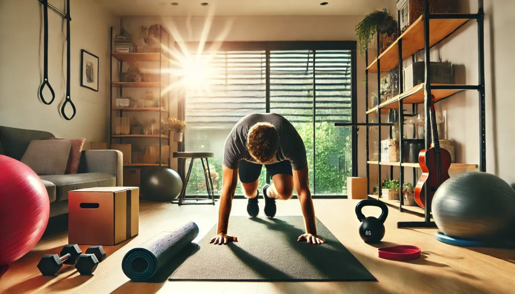 A person executing burpees in a dedicated home workout space. The setup includes a yoga mat, resistance bands, and a stability ball, with bright lighting enhancing the energetic training atmosphere.