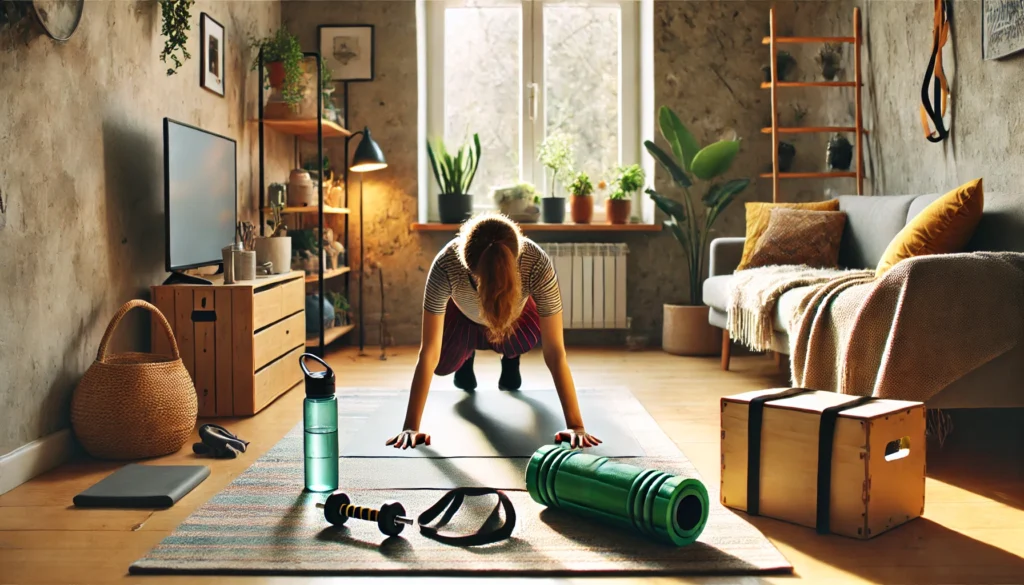 A home workout scene where a person is engaged in mountain climbers on a yoga mat. The room is cozy and organized, with a water bottle, resistance bands, and a foam roller, making it a motivating space for cardio training.