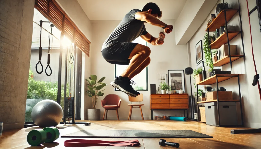 A person performing an explosive squat jump in a bright and modern home gym. The background features a yoga mat, resistance bands, and natural light, creating an energetic workout atmosphere.