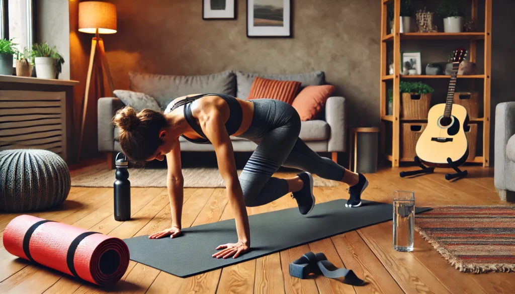 A fit individual doing mountain climbers on a yoga mat in a cozy and well-lit home workout area. The environment includes a water bottle, foam roller, and resistance bands for a motivating cardio session.