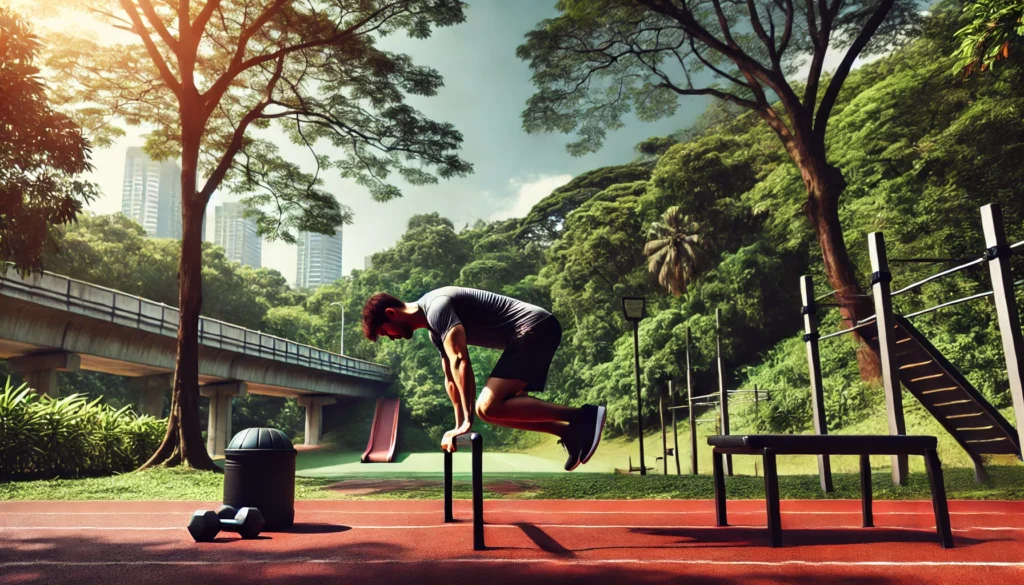 A person engaged in burpees in an open-air park with green trees, a running track, and a workout bench, creating an energetic and natural space for bodyweight cardio training.