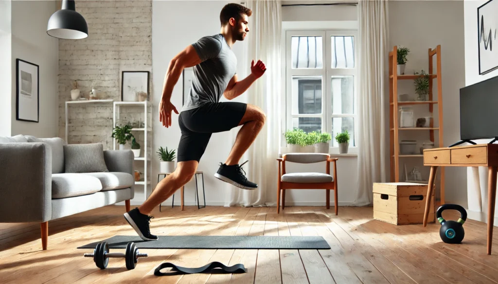 A person mid-motion performing jumping lunges in a bright and spacious living room. The home gym setup includes a yoga mat, resistance bands, and a small set of dumbbells, creating an organized and inviting workout environment.