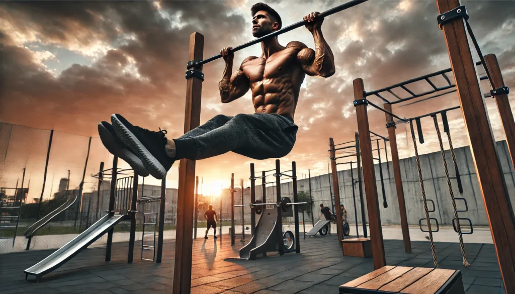 A highly defined athlete performing a front lever hold on a pull-up bar at an outdoor calisthenics park. The scene includes street workout equipment and a sunset sky, showcasing core strength, endurance, and an aesthetic physique.