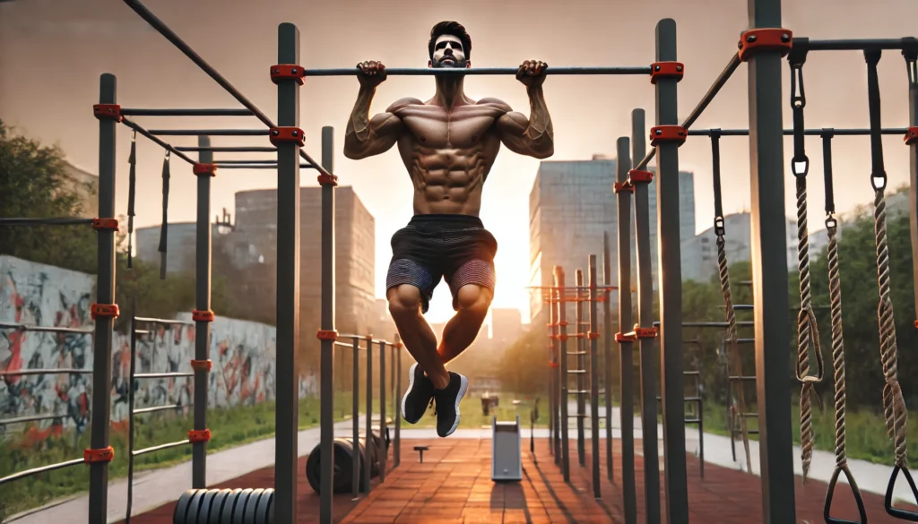 A shredded athlete performing muscle-ups on a pull-up bar in an outdoor calisthenics park. The background includes parallel bars, resistance bands, and an urban cityscape with soft sunset lighting, emphasizing strength and endurance.