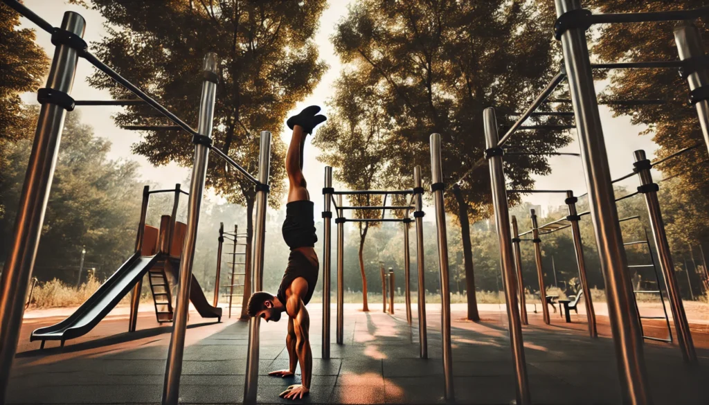 A lean and muscular athlete demonstrating a handstand on parallel bars in an outdoor training area. The background features trees, pull-up bars, and a clear sky, highlighting balance, control, and the aesthetics of calisthenics.