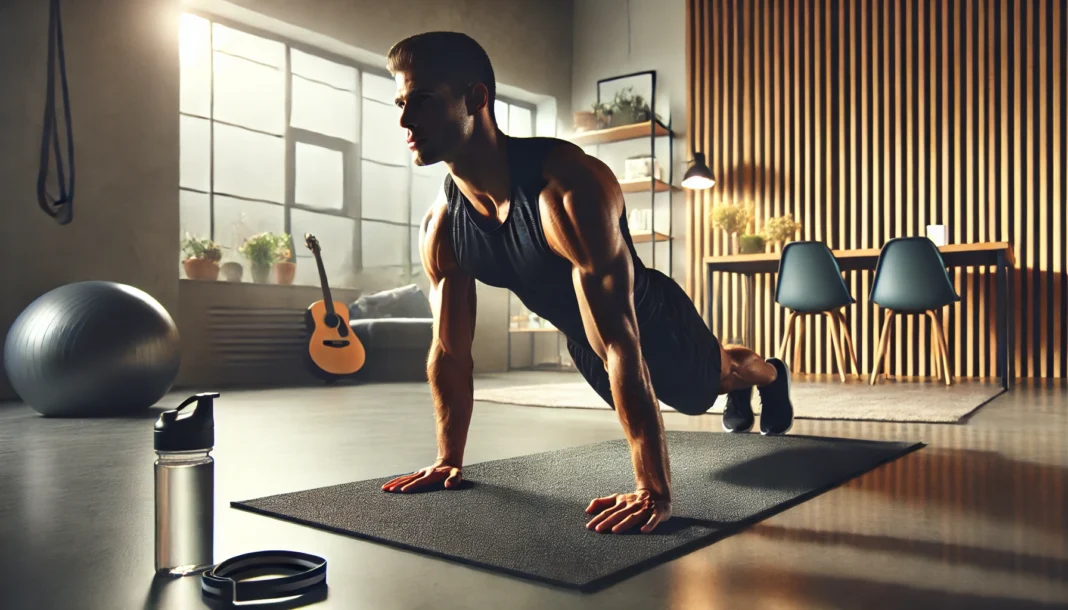 A muscular athlete performing a one-arm push-up in a modern home gym. The background includes a yoga mat, resistance bands, and a water bottle, emphasizing bodyweight strength and endurance.