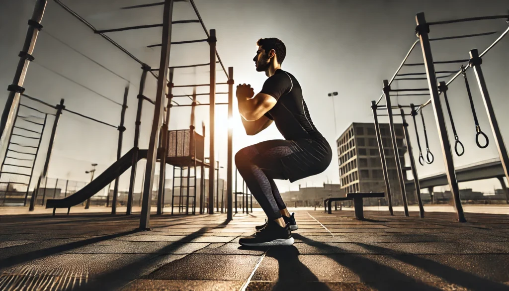 A fit athlete executing a perfect pistol squat in an open-air workout park. The setting features pull-up bars, parallel bars, and a clear sky, highlighting balance and lower body control.