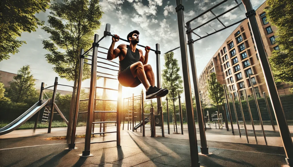 A dedicated athlete holding an L-sit on parallel bars in an outdoor calisthenics park. The background includes pull-up bars, trees, and a bright sky, emphasizing core strength, endurance, and stability.