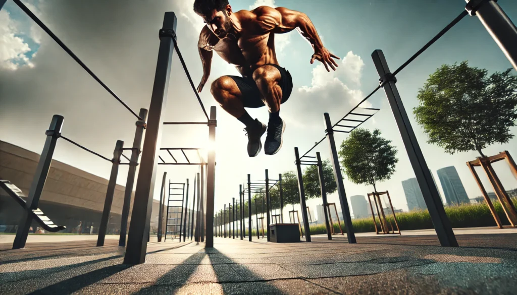 A powerful athlete performing plyometric push-ups mid-air in an outdoor workout park. The scene includes pull-up bars, parallel bars, and a spacious, open environment, showcasing agility and upper body power.