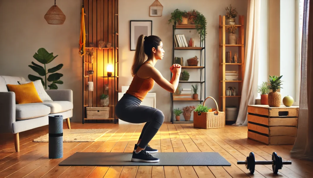 A fit woman performing bodyweight squats in a bright and cozy home gym. The space features a yoga mat, resistance bands, and warm natural lighting, creating an inviting and motivating workout environment.