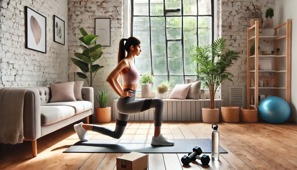 A woman performing lunges in a well-lit home gym with a yoga mat, small dumbbells, and a water bottle. Large windows bring in natural light, making the space bright and motivating.