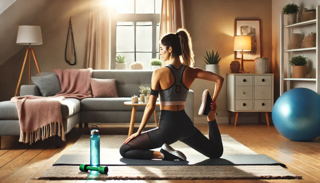 A fit woman stretching on a yoga mat in a cozy home workout space. The background includes a soft rug, a water bottle, and resistance bands, with natural sunlight enhancing the relaxing and calming atmosphere.