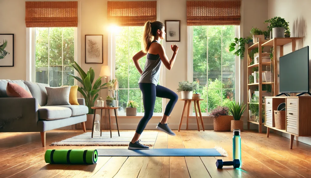 A woman doing a high-knee cardio workout in a bright, organized living room. The setup includes a yoga mat, small dumbbells, and a water bottle, with large windows providing a vibrant and energetic fitness setting.