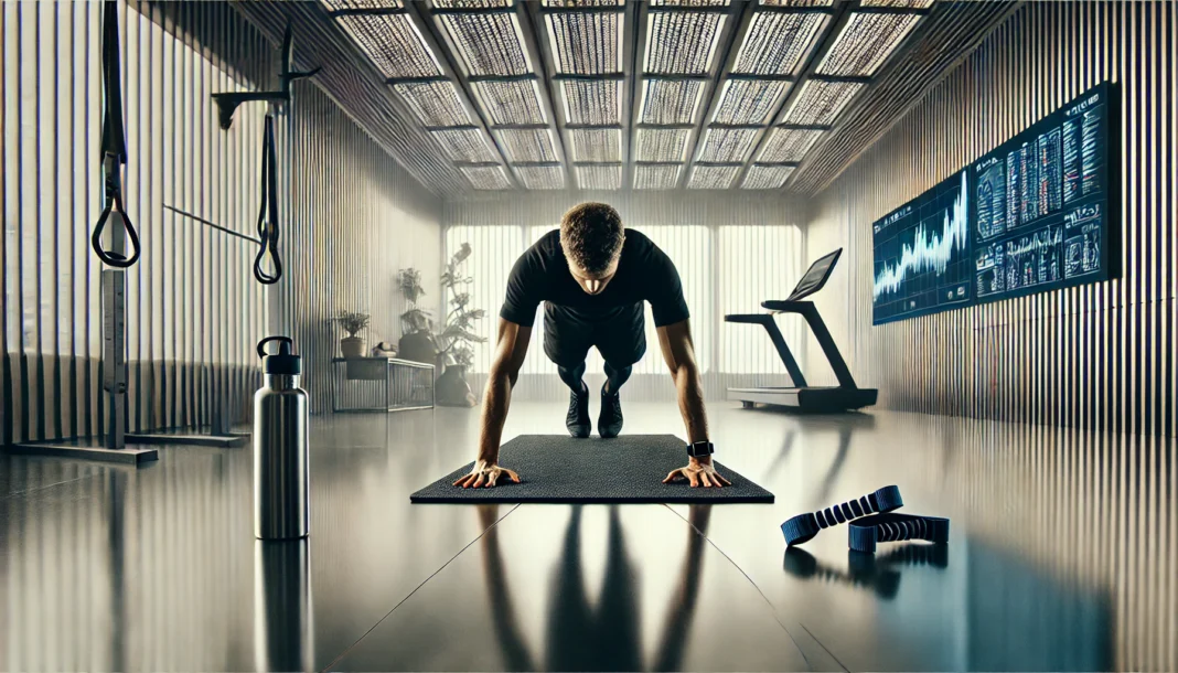 A strong athlete performing push-ups on a yoga mat in a modern home gym. The environment includes resistance bands, a water bottle, and a clean, minimalist setup, emphasizing endurance and bodyweight strength.