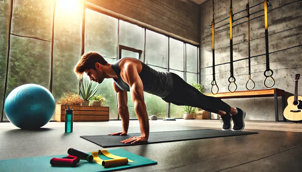 A fit individual executing a pike push-up in a home gym. The bright, open space includes a yoga mat and resistance bands, highlighting upper body strength and control.