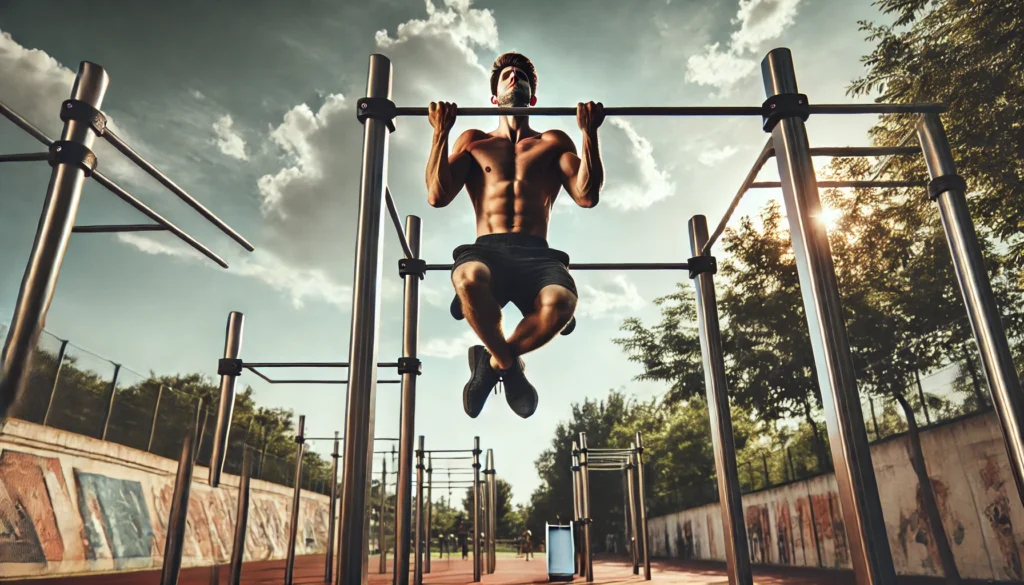 A dedicated athlete executing pull-ups on a sturdy bar in an urban calisthenics park. The background includes parallel bars, a running track, and trees under a clear sky, emphasizing bodyweight training for upper body strength.