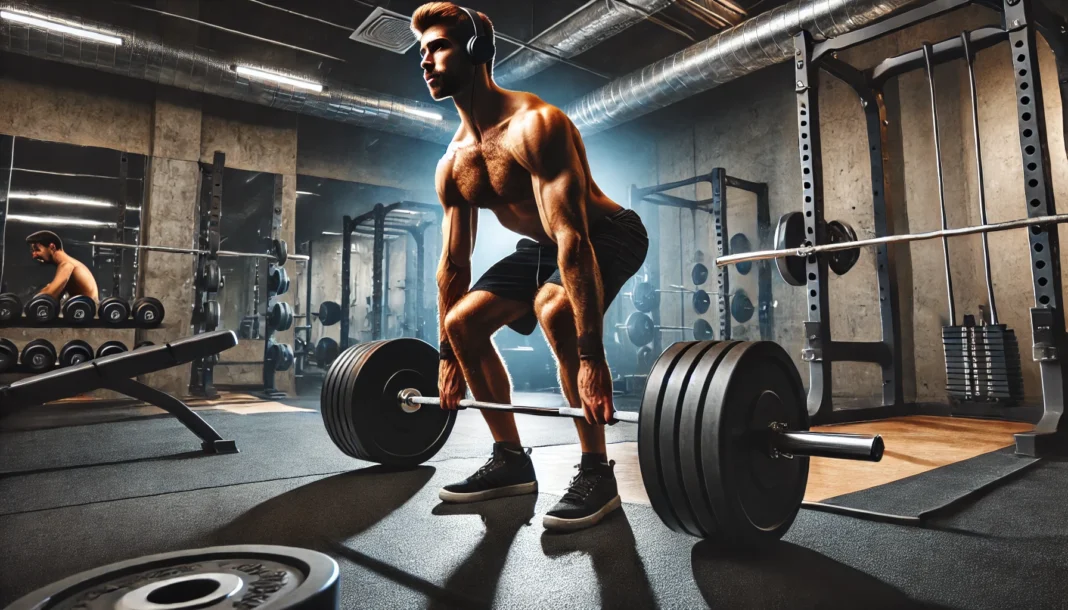 A muscular man performing heavy deadlifts in a modern gym. The environment includes barbells, weight plates, and a squat rack, with dramatic lighting highlighting power and resistance training.