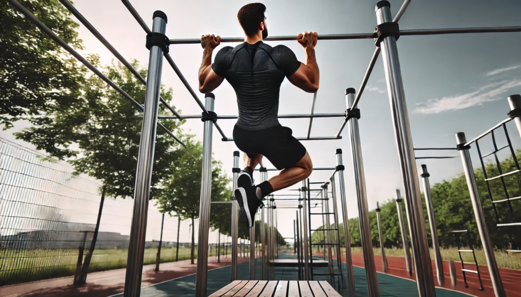 A fit man executing pull-ups on a sturdy bar in an urban calisthenics park. The background features parallel bars, a track, and trees under a clear sky, showcasing upper body strength and endurance.