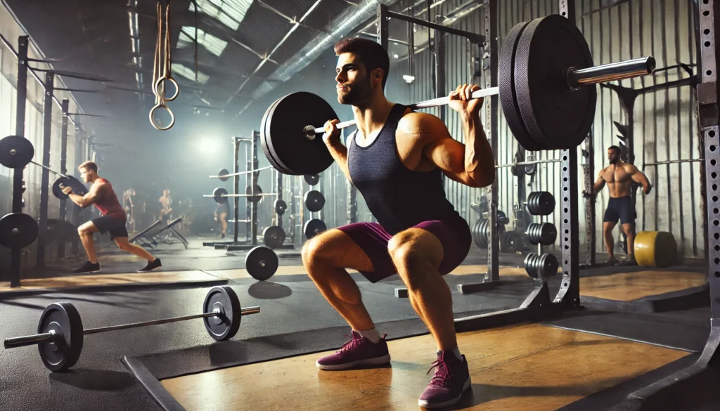 A strong athlete performing barbell squats in a professional gym. The setting includes weightlifting platforms, dumbbells, and squat racks, emphasizing structured strength and muscle training.