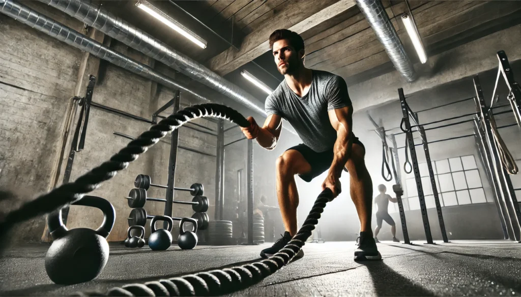 A determined man performing intense battle rope exercises in an industrial-style gym. The scene captures motion and intensity, with kettlebells, dumbbells, and squat racks in the background, highlighting endurance and power.