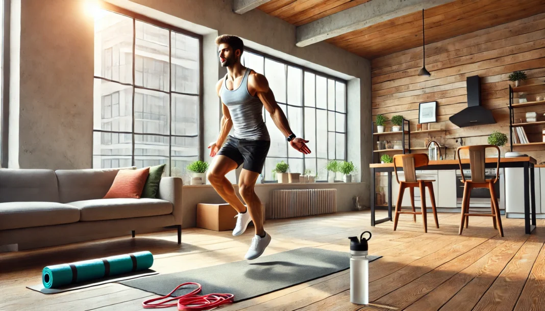 A fit individual performing jumping jacks in a bright and spacious home gym. The setup includes a yoga mat, a water bottle, and resistance bands, with large windows allowing natural light for an energetic atmosphere.