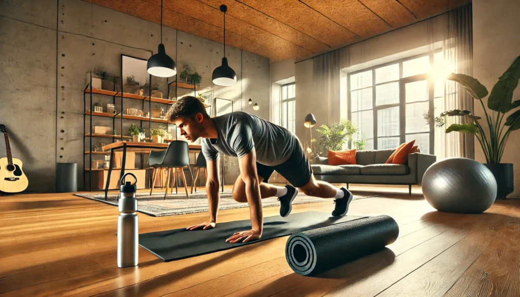 A person performing mountain climbers on a yoga mat in a modern home workout space. The background includes a water bottle, a foam roller, and large windows, creating a high-energy weight loss setting.