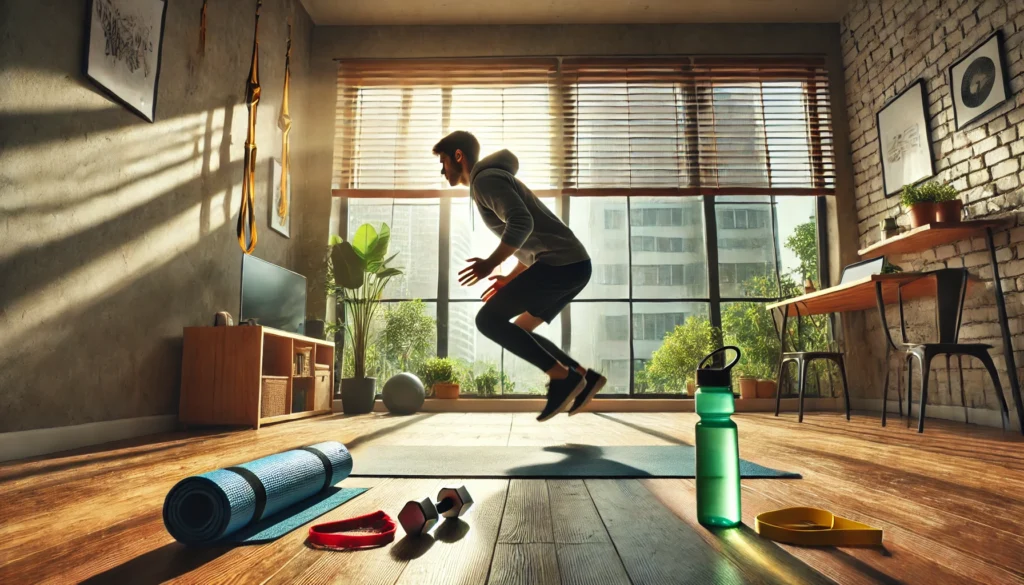 A person performing burpees in a well-lit home workout area. The environment features a yoga mat, a water bottle, and resistance bands, with natural light enhancing the motivation for weight loss through bodyweight training.