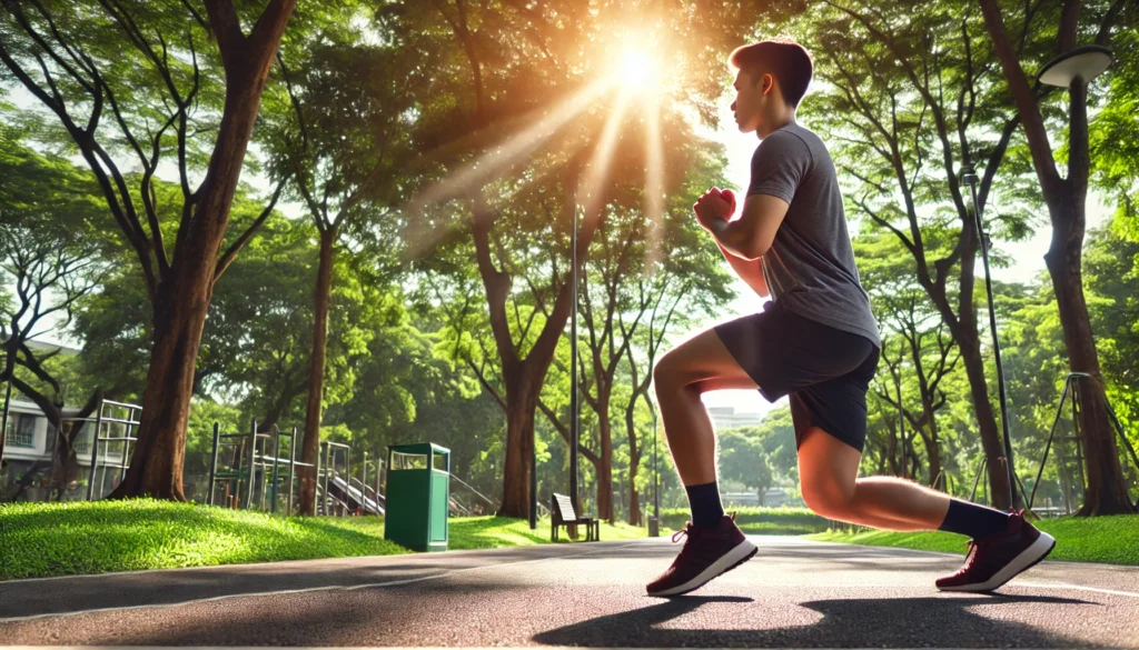 A determined individual doing high knees in a lush green outdoor park. The background includes a jogging path and bright sunlight, creating a refreshing and dynamic environment for fat-burning bodyweight cardio.