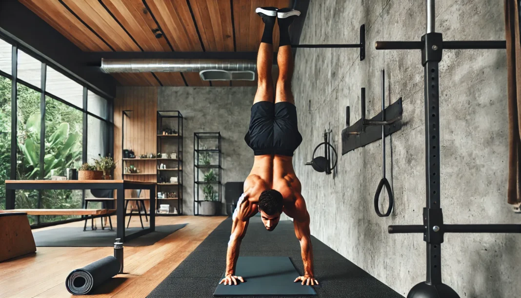 A muscular athlete performing a handstand push-up against a wall in a modern home gym. The background includes a yoga mat and resistance bands, emphasizing strength and muscle growth through bodyweight training.