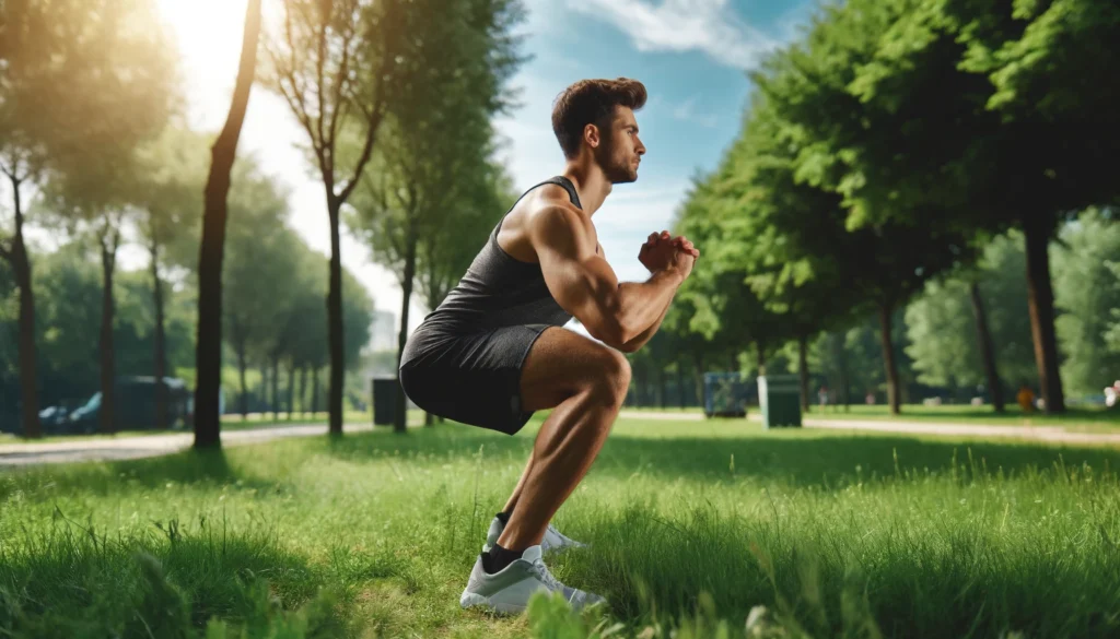 A fit individual performing deep squats in an open outdoor park. The setting features green grass, trees, and a bright blue sky, creating a natural and energetic environment for muscle building without equipment.